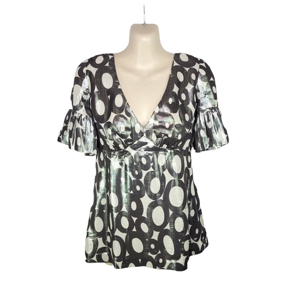 TRINA TURK Silver Metallic Lurex White Op Art Print Top Trumpet Sleeves Sz S